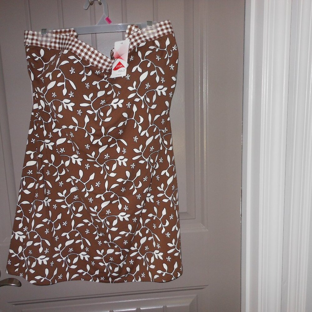 NWT Ladies Swimdress, Lands End, Size 18, Brown/White Floral/Gingham Print